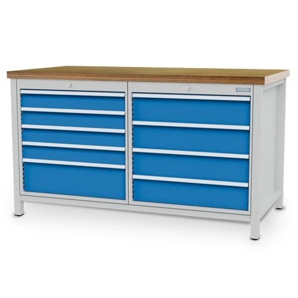 Product afbeelding: Werkbank Bedrunka+Hirth R 24-24, hxbxd 859 x 1.500 x 750 mm, lichtgrijs, lichtblauw, 9 lades 4x100 + 4x150 + 1x200 mm