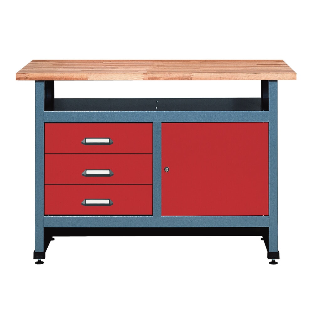 Produktabbildung: Werkbank mit 3 Schubladen + Tür + Ablagefach, BxT 1.200 x 600 mm, rot