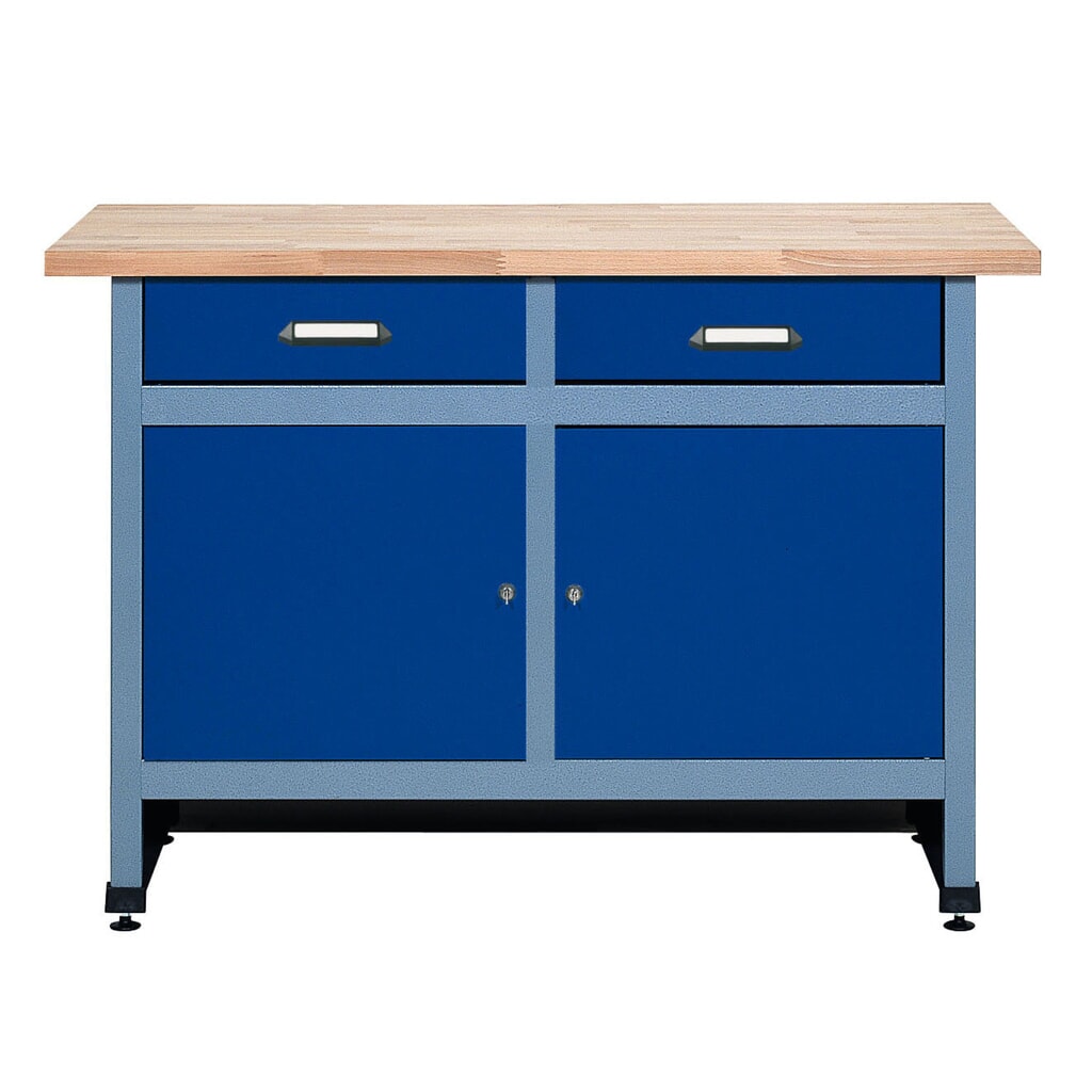 Werkbank mit 2 Schubladen + 2 Türen, BxT 1.200 x 600 mm, blau Produktabbildung: Werkbank mit 2 Schubladen + 2 Türen, BxT 1.200 x 600 mm, blau