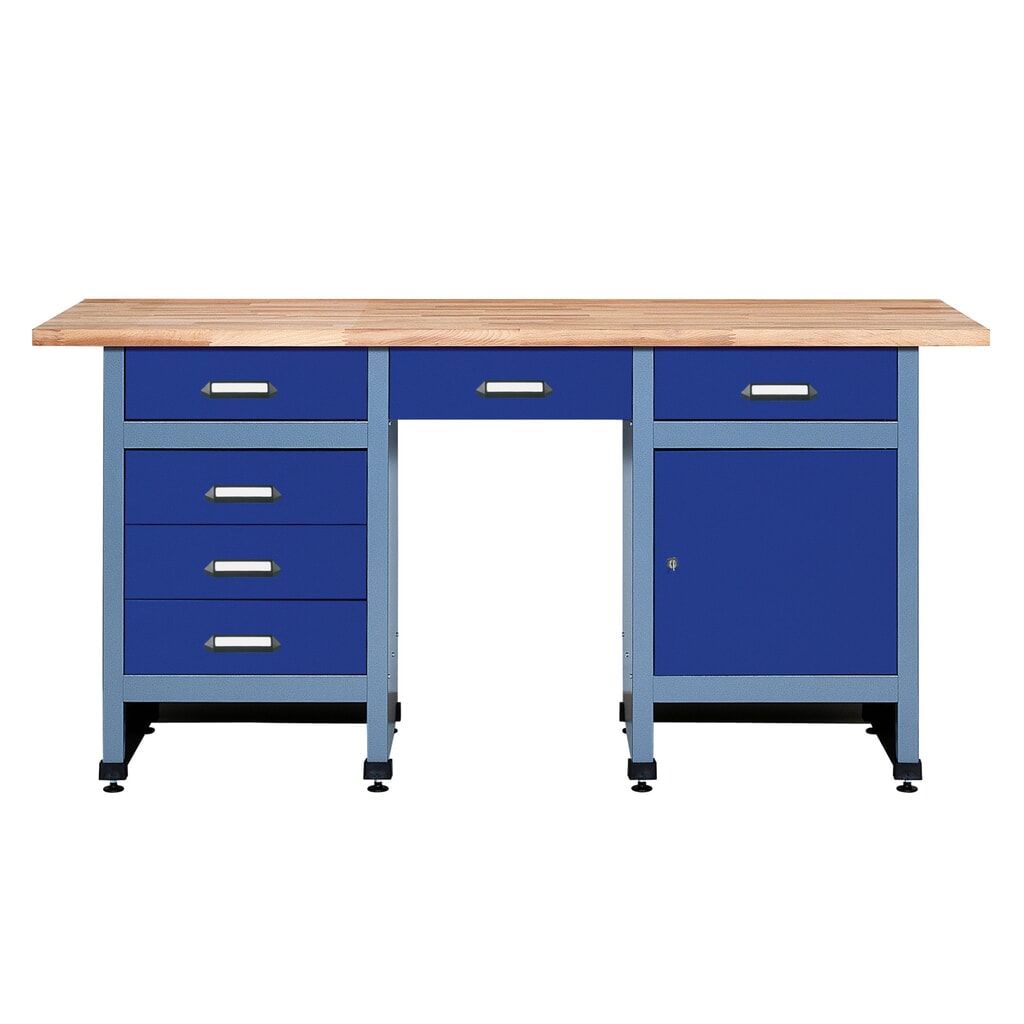 Produktabbildung: Werkbank mit Schubladenblock + Tür + Sitzraum, BxT 1.700 x 600 mm, blau