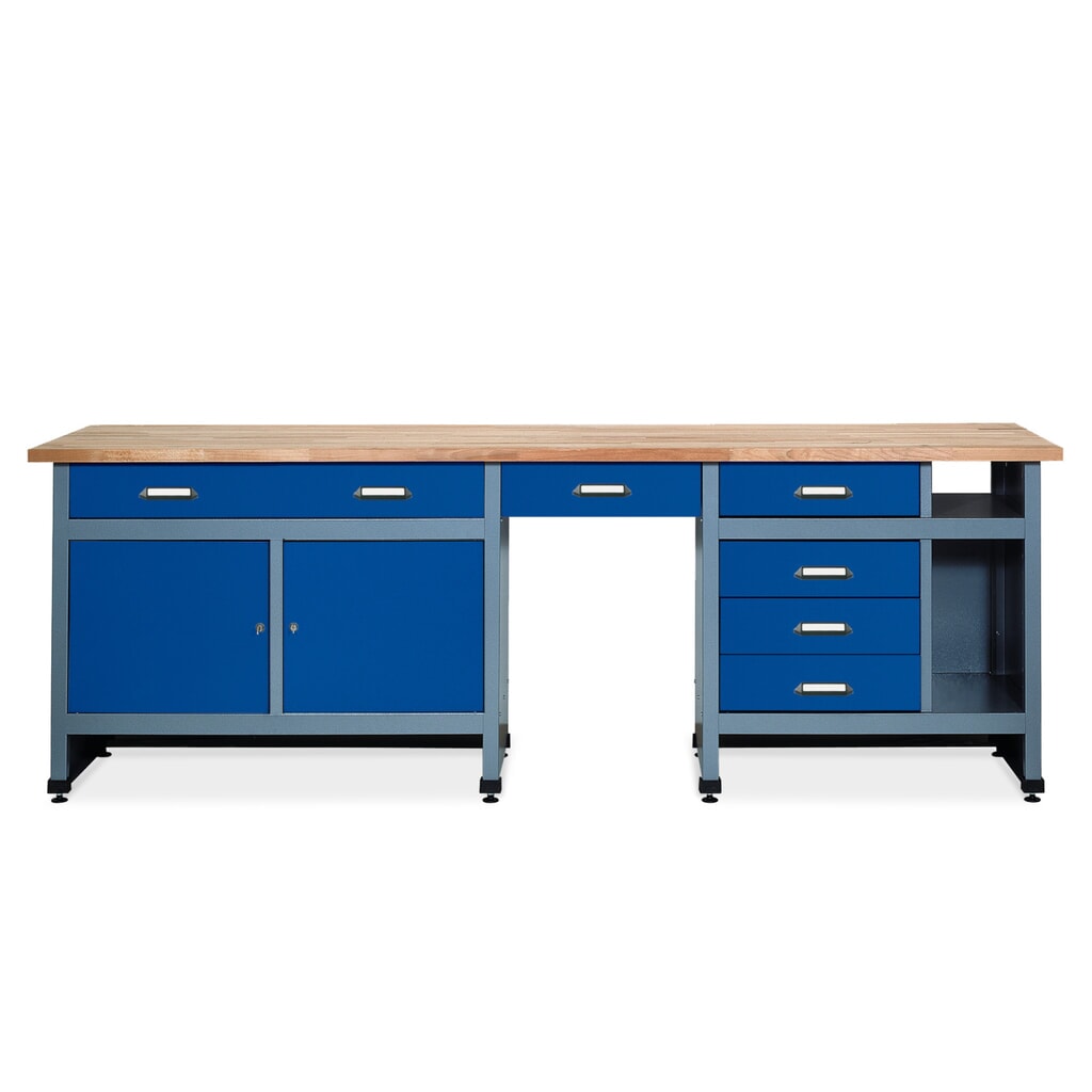 Werkbank mit Schubladenblock + 2 Türen + Sitzraum, BxT 2.400 x 600 mm, blau Produktabbildung: Werkbank mit Schubladenblock + 2 Türen + Sitzraum, BxT 2.400 x 600 mm, blau