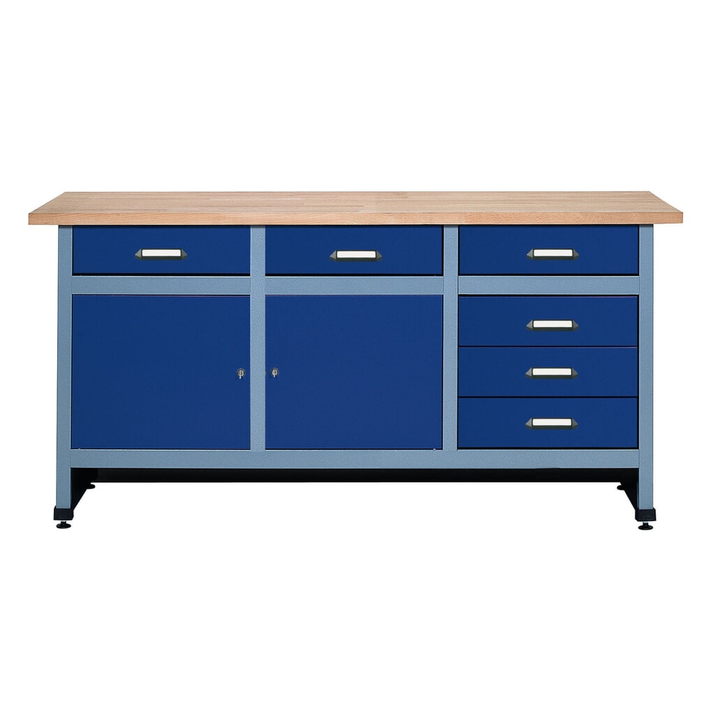Produktabbildung: Werkbank mit Schubladenblock +  2 Türen, BxT 1.700 x 600 mm, blau