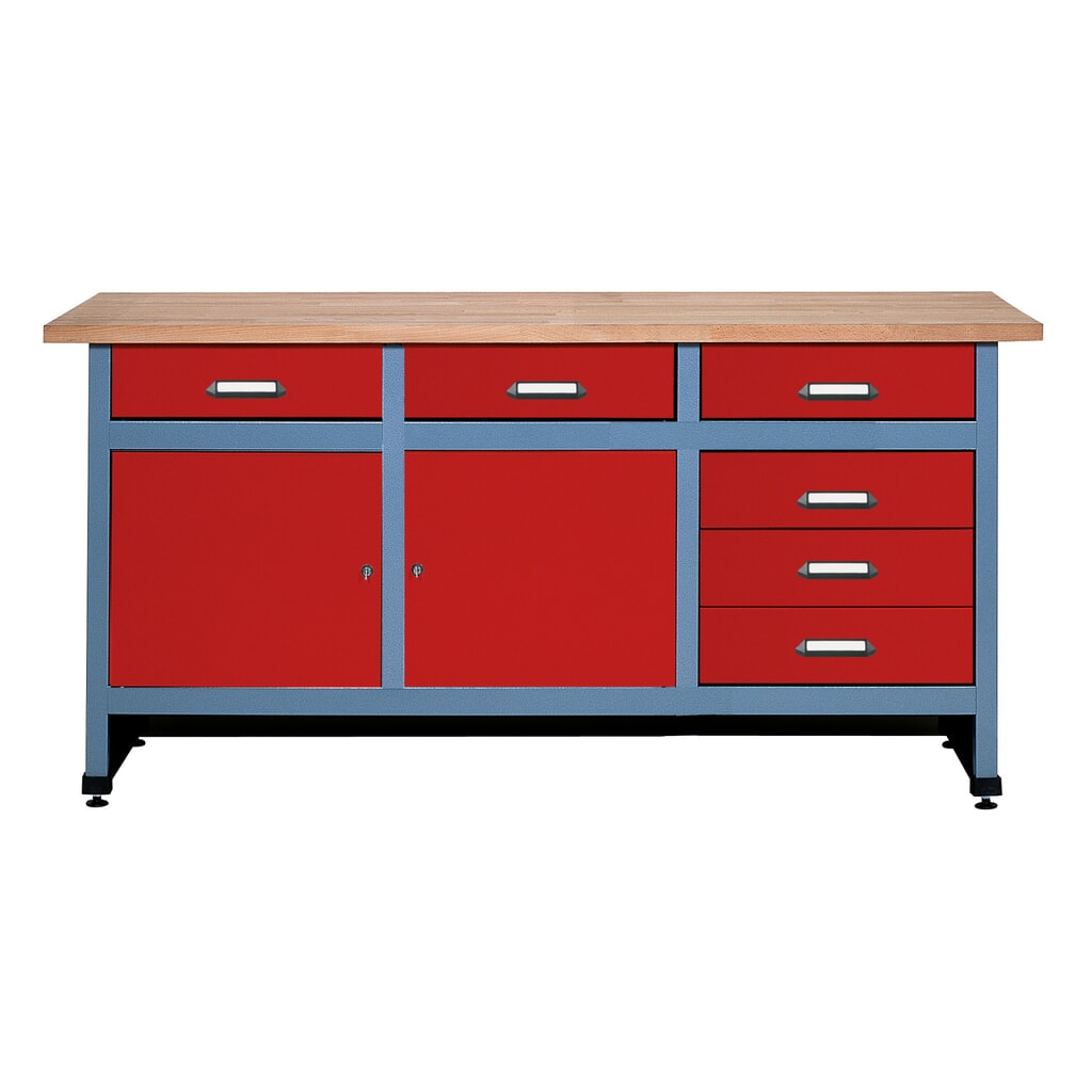 Werkbank mit Schubladenblock + 2 Türen, BxT 1.700 x 600 mm, rot Produktabbildung: Werkbank mit Schubladenblock + 2 Türen, BxT 1.700 x 600 mm, rot