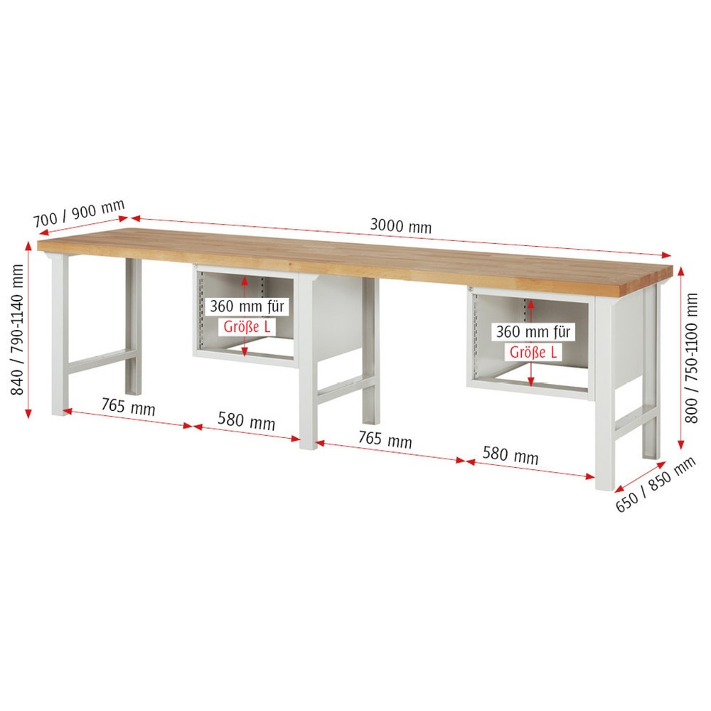 Productafbeelding nr. 6: Werkbank RAU serie 7000, 2 kasten, hxbxd 840 x 3.000 x 900 mm, 4 x voor 100% uittrekbare lades 4 x 180 mm