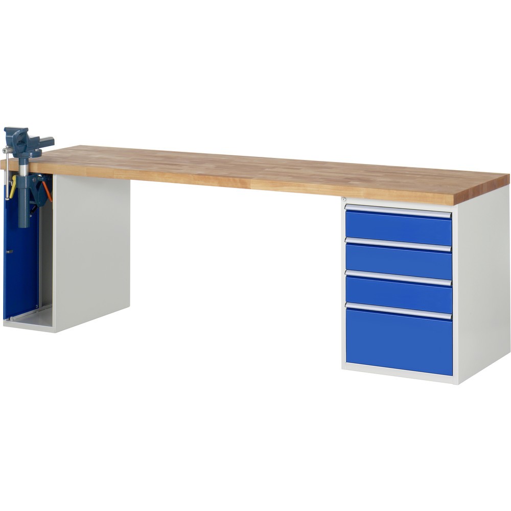 Product afbeelding: RAU werkbank serie 7000, h x b x d 890 x 2.500 x 700 mm, 1 onderbouwkast, met 4 lades en inklapbare bankschroef