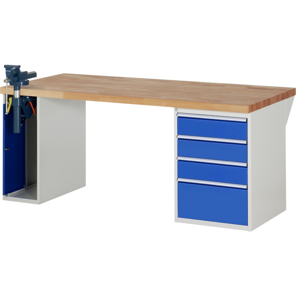 Product afbeelding: RAU werkbank serie 7000, h x b x d 890 x 2.000 x 900 mm, 1 onderbouwkast, met 4 lades en inklapbare bankschroef