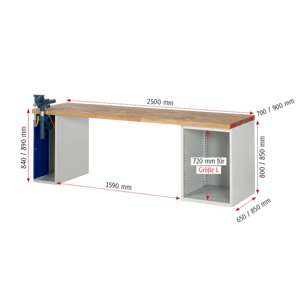 Productafbeelding nr. 9: Werkbank RAU serie 7000, 2 kasten, hxbxd 890 x 2.500 x 900 mm, 4 x voor 100% uittrekbare lades, draagvermogen lade 100 kg