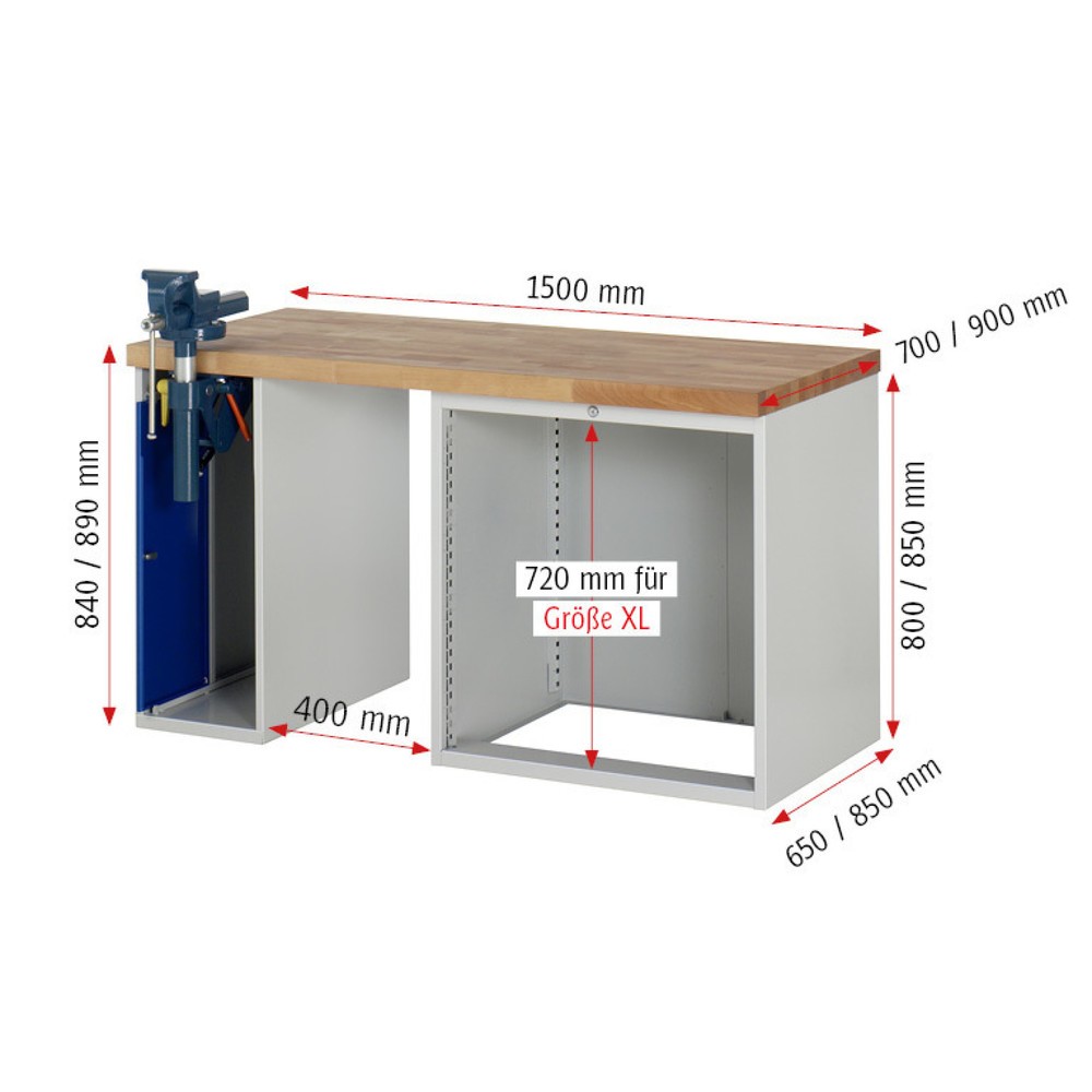Productafbeelding nr. 8: Werkbank RAU serie 7000, 2 kasten, hxbxd 840 x 1.500 x 900 mm, 4 x voor 100% uittrekbare lades 3 x 150 mm, 1 x 270 mm, draagvermogen lade 100 kg
