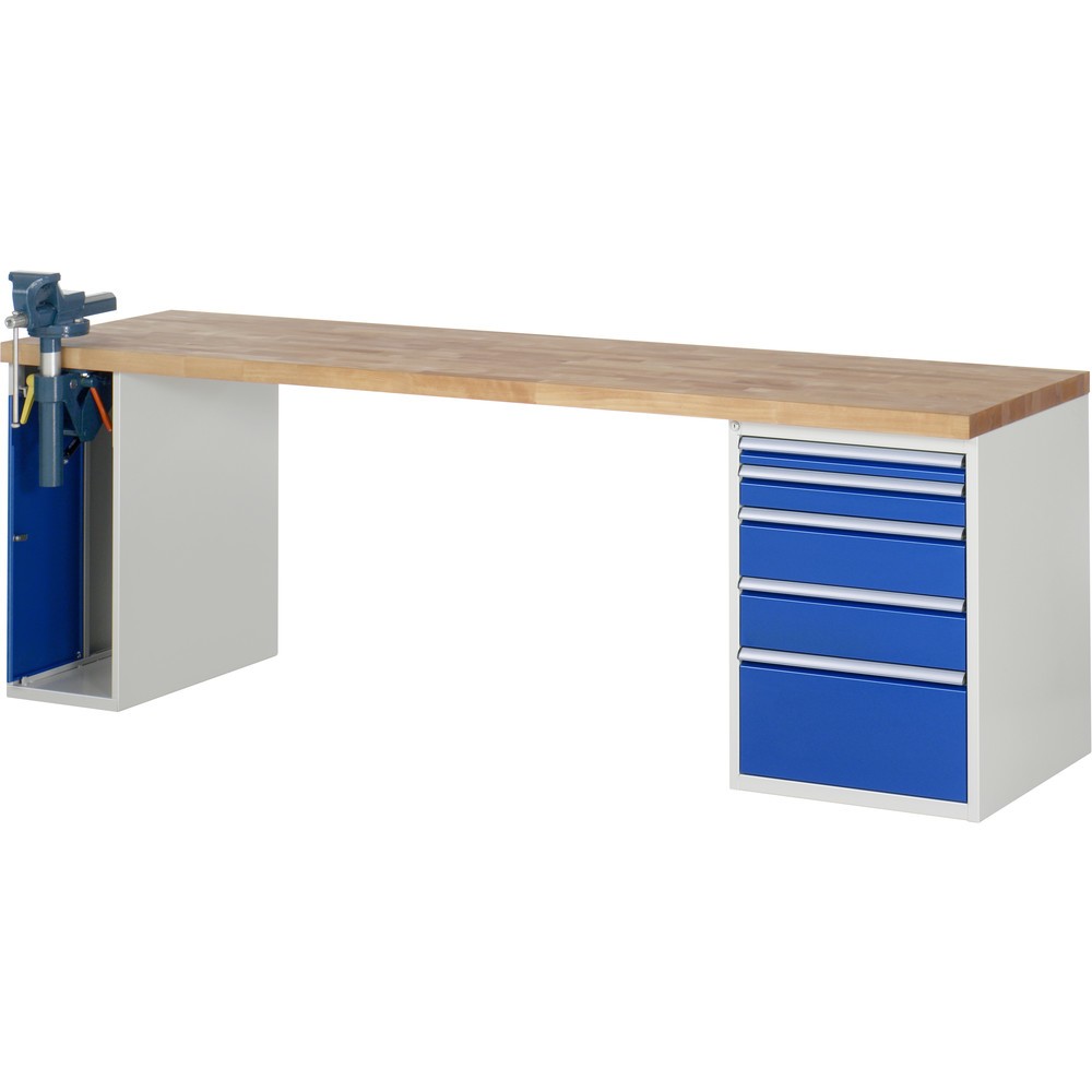 Product afbeelding: RAU werkbank serie 7000, h x b x d 890 x 2.500 x 700 mm, 1 onderbouwkast, met 5 lades en inklapbare bankschroef
