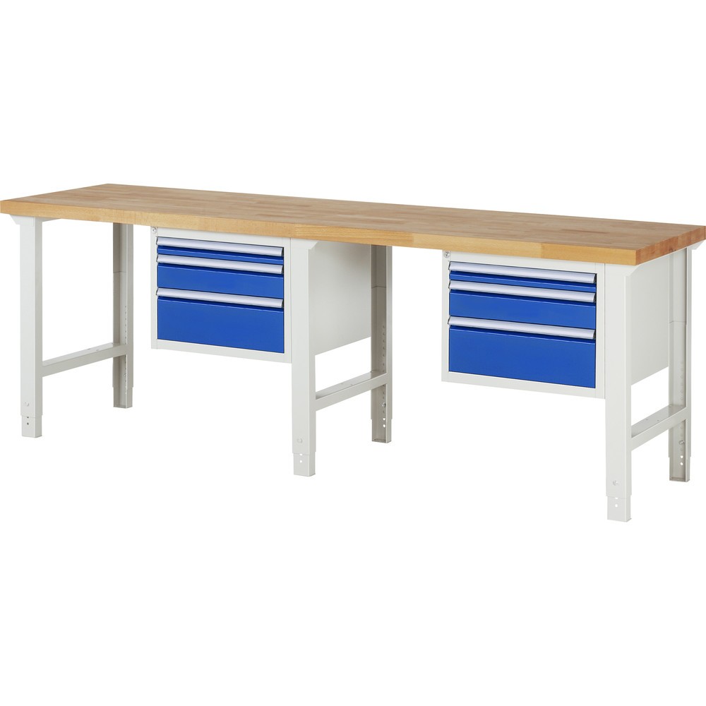 Product afbeelding: RAU werkbank serie 7000, h x b x d 790-1.140 x 2.500 x 700 mm, 2 onderbouwkasten, met telkens 3 lades