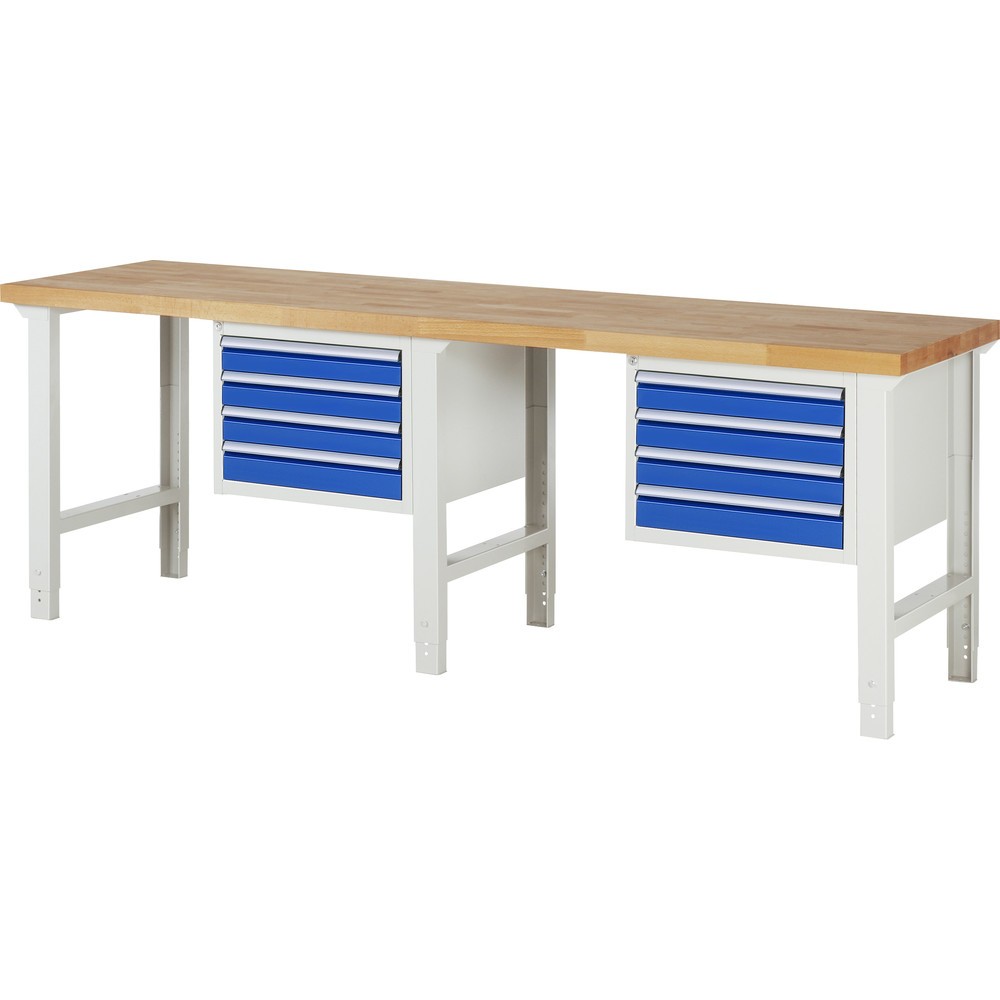 Product afbeelding: RAU werkbank serie 7000, h x b x d 790-1.140 x 2.500 x 700 mm, 2 onderbouwkasten, met telkens 4 lades