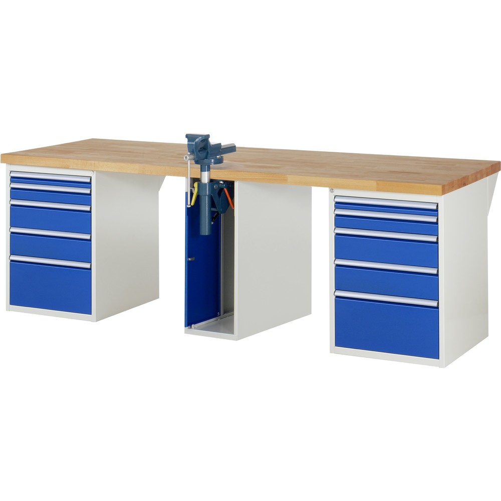Product afbeelding: RAU werkbank serie 7000, h x b x d 890 x 2.500 x 900 mm, 2 onderbouwkasten, met telkens 5 lades en inklapbare bankschroef in het midden