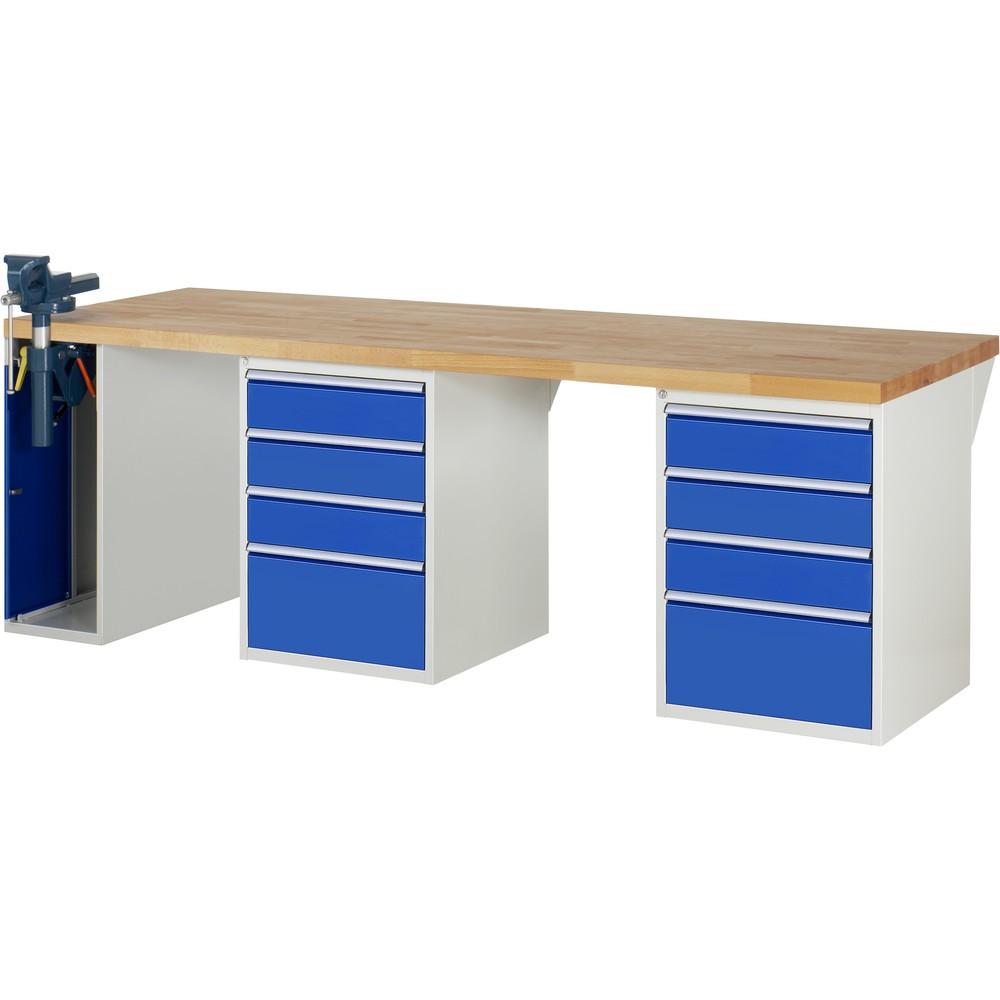 Product afbeelding: RAU werkbank serie 7000, h x b x d 890 x 2.500 x 900 mm, 2 onderbouwkasten, met telkens 4 lades en inklapbare bankschroef links