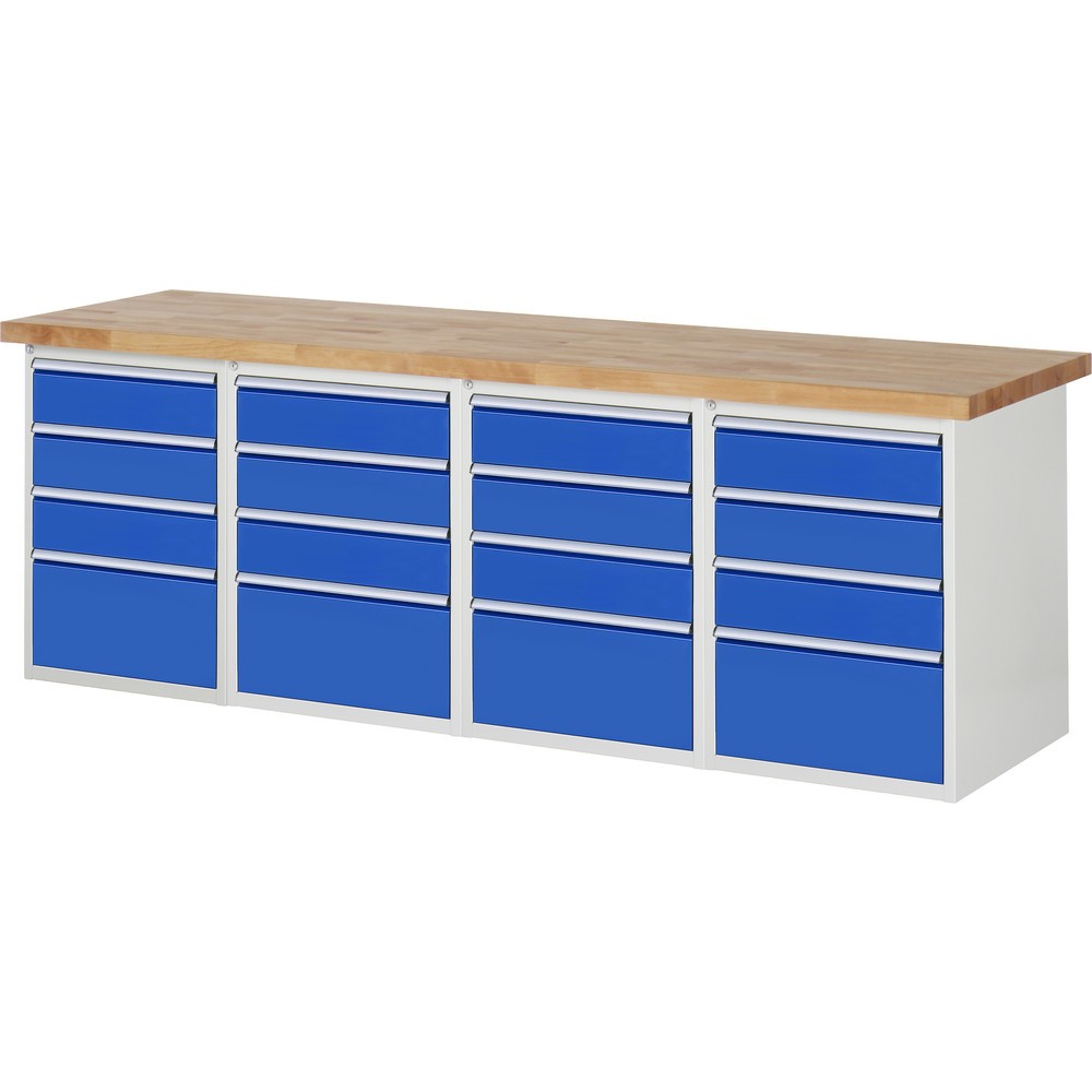 Product afbeelding: RAU werkbank serie 7000, h x b x d 890 x 2.500 x 700 mm, 4 onderbouwkasten, met telkens 4 lades
