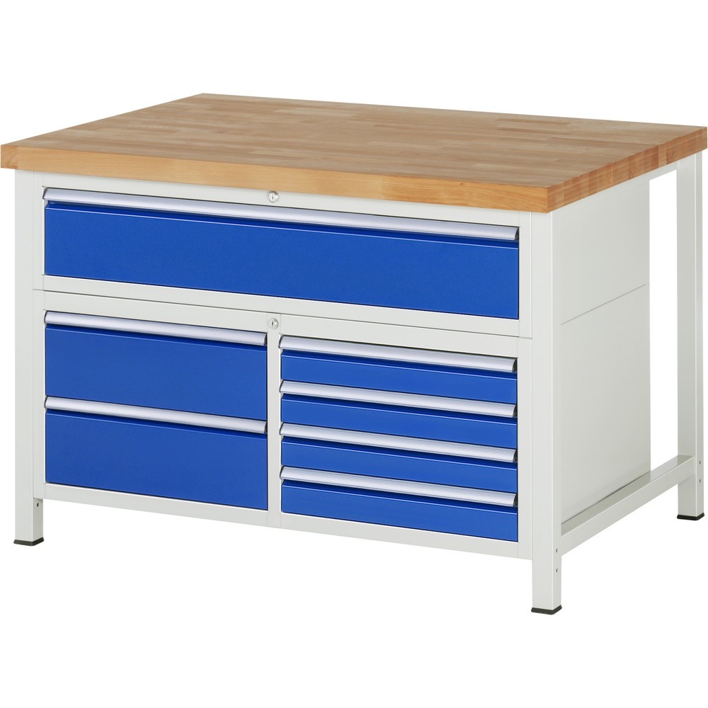 Product afbeelding: Werkbank RAU serie 8000, 1 driedubbele kast, hxbxd 840 x 1.250 x 900 mm, 7 x voor 90% uittrekbare lades 4 x 90, 3 x 180 mm