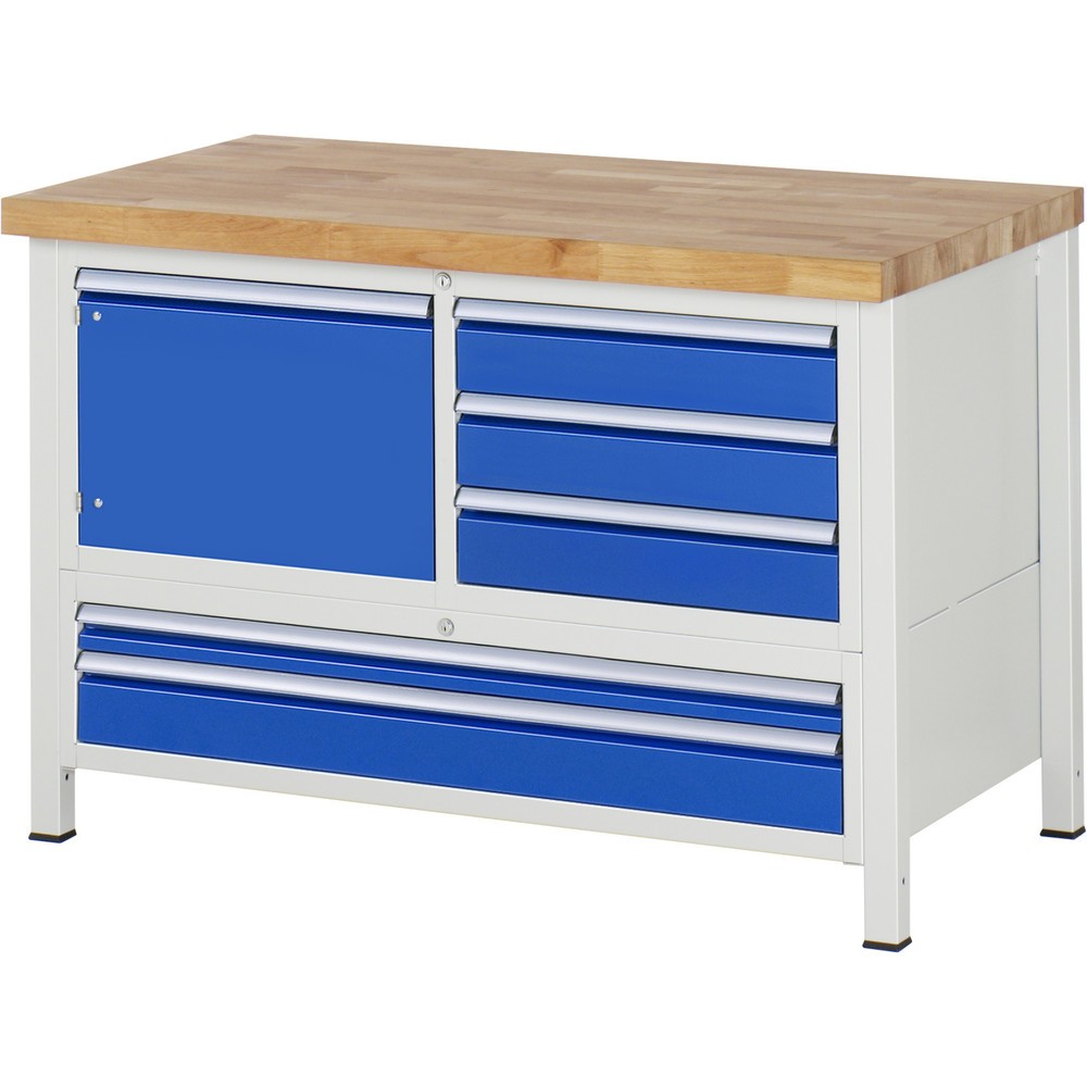 Product afbeelding: Werkbank RAU serie 8000, 1 driedubbele kast, 1 draaideur, hxbxd 840 x 1.250 x 700 mm, 5 x voor 90% uittrekbare lades