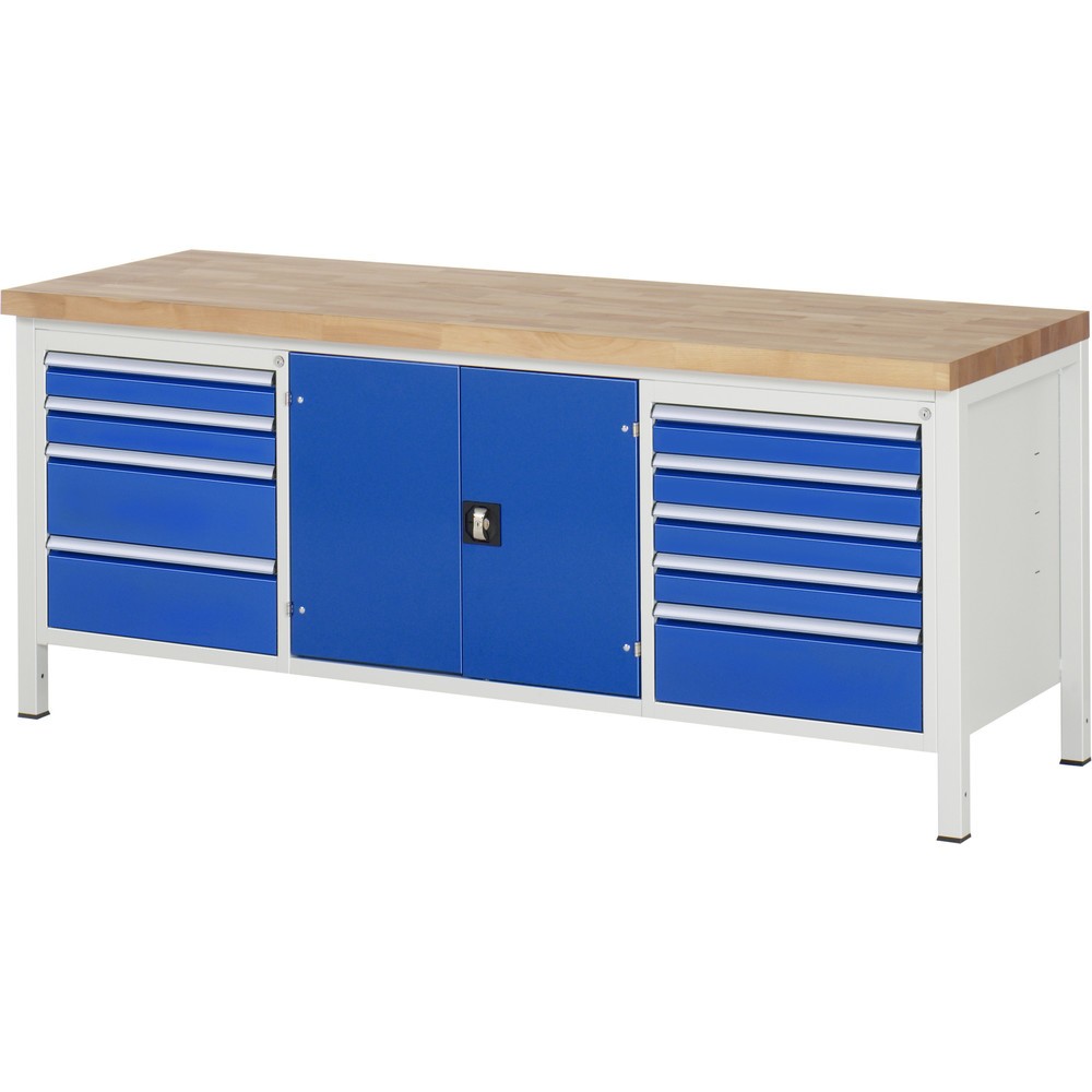 Product afbeelding: Werkbank RAU serie 8000, 1 driedubbele kast, 1 legbord, 1 draaideur, hxbxd 840 x 2.000 x 700 mm, 9 x voor 90% uittrekbare lades