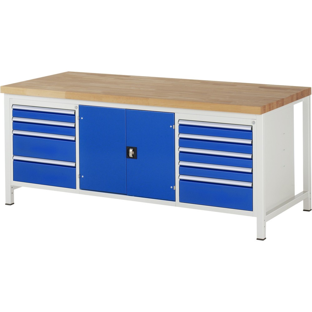 Product afbeelding: Werkbank RAU serie 8000, 1 driedubbele kast, 1 legbord, 1 draaideur, hxbxd 840-1.040 x 2.000 x 900 mm, 9 x voor 90% uittrekbare lades