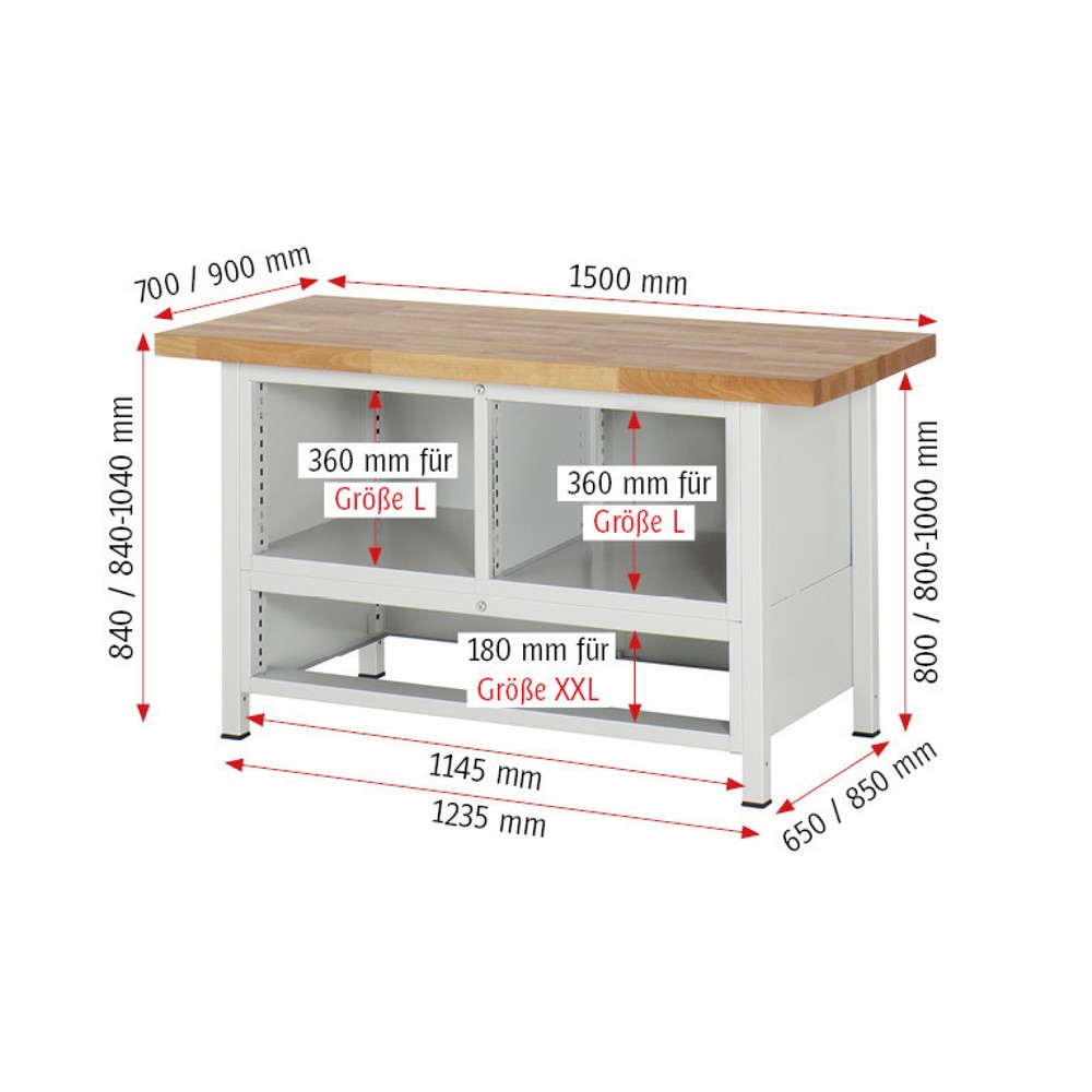 Productafbeelding nr. 9: Werkbank RAU serie 8000, 1 driedubbele kast, 1 draaideur, hxbxd 840-1.040 x 1.500 x 700 mm, 5 x voor 100% uittrekbare lades