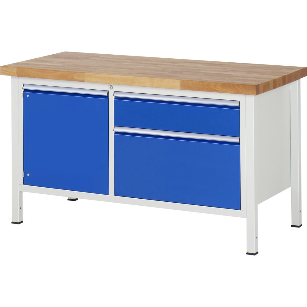 Product afbeelding: Werkbank RAU serie 8000, 1 dubbele kast, 1 legbord, 1 draaideur, hxbxd 840-1.040 x 1.500 x 700 mm, 2 x voor 90% uittrekbare lades 1 x 180, 1 x 360 mm