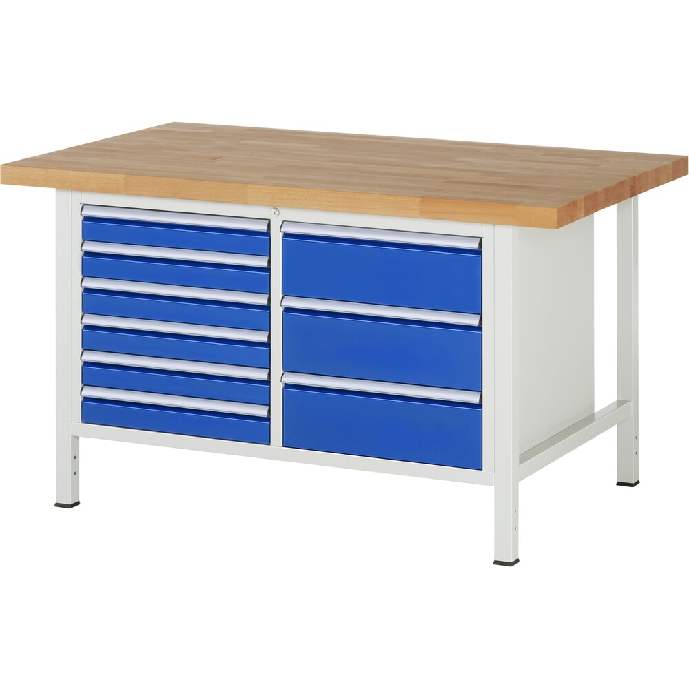 Product afbeelding: RAU werkbank serie 8000, h x b x d 840-1.040 x 1.500 x 900 mm, 1 dubbele onderbouwkast, met 9 lades