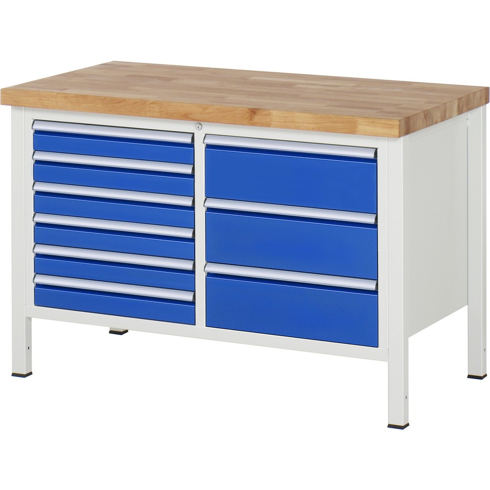 Product afbeelding: Werkbank RAU serie 8000, 1 dubbele kast, hxbxd 840 x 1.250 x 700 mm, 9 x voor 90% uittrekbare lades, 6 x 90, 3 x 180 mm, draagvermogen lade 100 kg