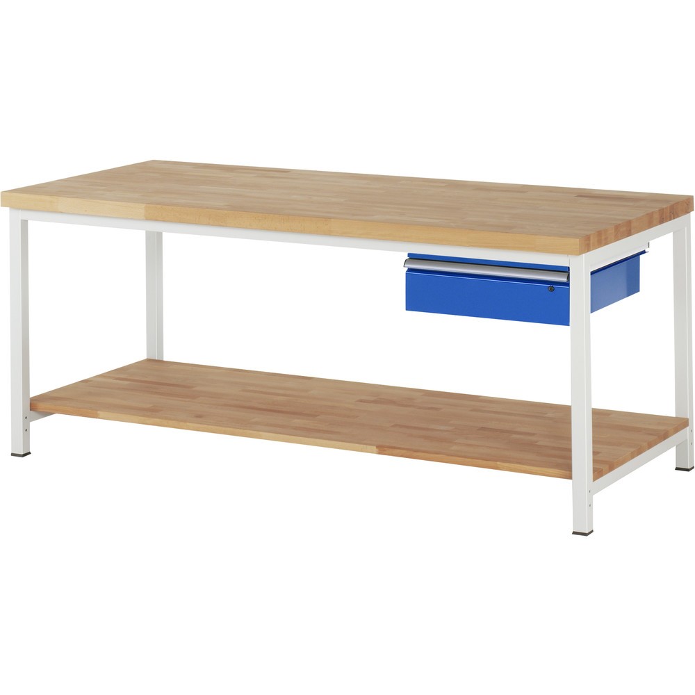 Product afbeelding: RAU werkbank serie 8000, h x b x d 840-1.040 x 2.000 x 900 mm, 1 lade rechts, legbord onderaan