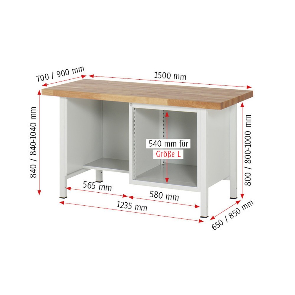 Productafbeelding nr. 8: Werkbank RAU serie 8000, 1 legbord, hxbxd 840-1.040 x 1.500 x 700 mm, 1 lade