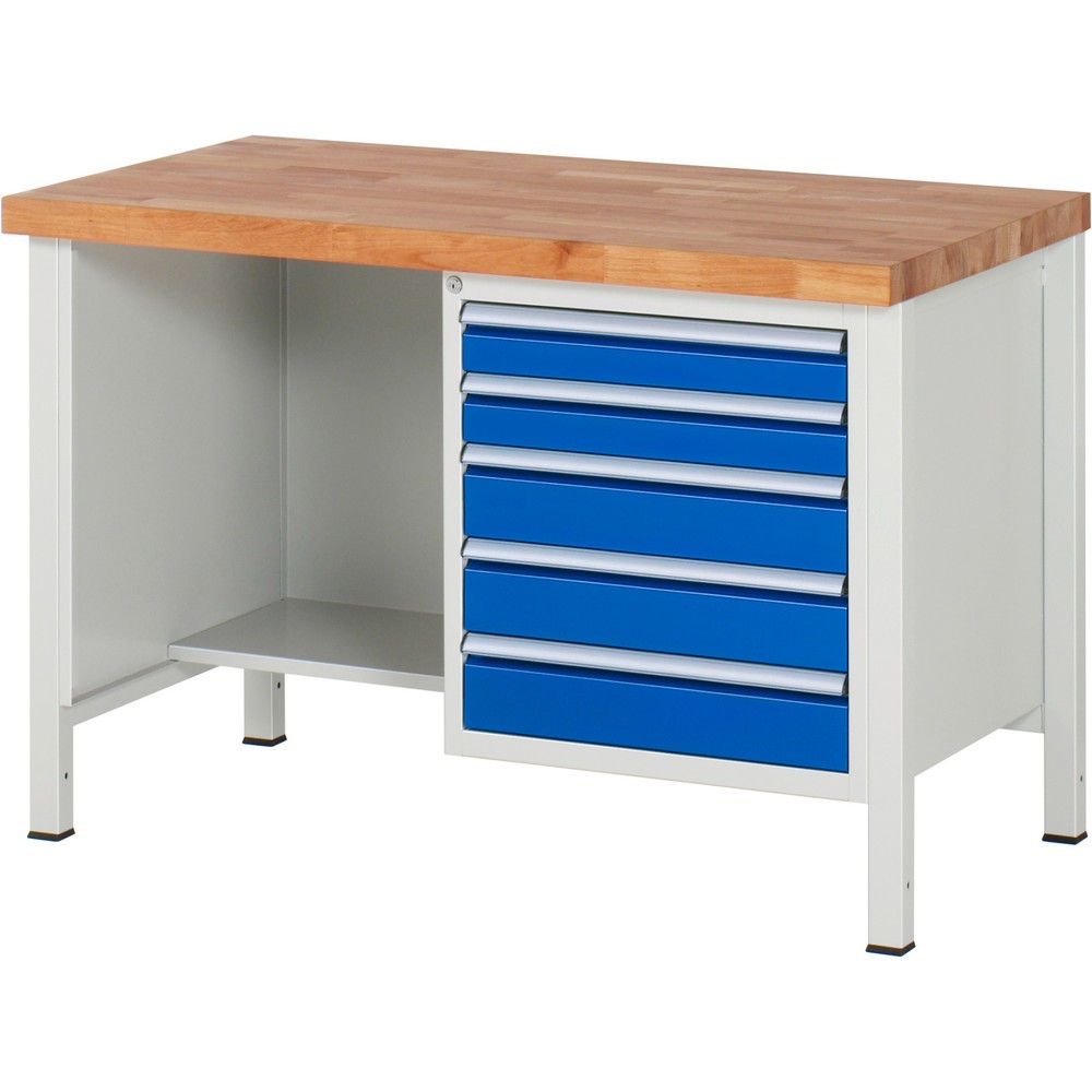 Product afbeelding: Werkbank RAU serie 8000, 1 legbord, hxbxd 840 x 1.250 x 700 mm, 5 x voor 90% uittrekbare lades