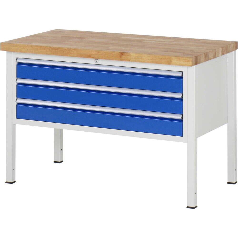 Product afbeelding: Werkbank RAU serie 8000, hxbxd 840-1.040 x 1.250 x 700 mm, 3 x voor 100% uittrekbare lades, 3 x 120 mm, draagvermogen lade 50 kg