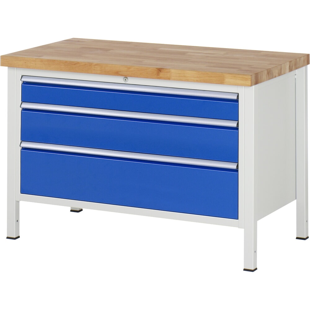 Product afbeelding: Werkbank RAU serie 8000, hxbxd 840-1.040 x 1.250 x 700 mm, 3 x voor 100% uittrekbare lades, 1 x 120, 1 x 180, 1 x 240 mm, draagvermogen lade 50 kg