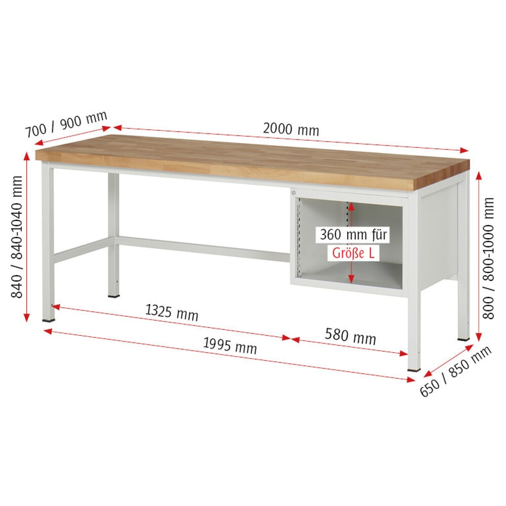 Productafbeelding nr. 8: Werkbank RAU serie 8000, hxbxd 840-1.040 x 2.000 x 700 mm, 2 x voor 100% uittrekbare lades, 2 x 180 mm, draagvermogen lade 100 kg