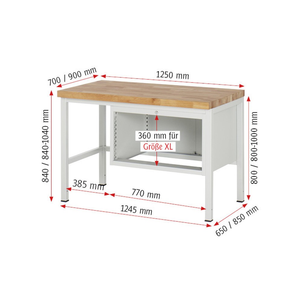 Productafbeelding nr. 7: Werkbank RAU serie 8000, hxbxd 840-1.040 x 1.250 x 700 mm, 4 x voor 90% uittrekbare lades, 4 x 90 mm, draagvermogen lade 75 kg
