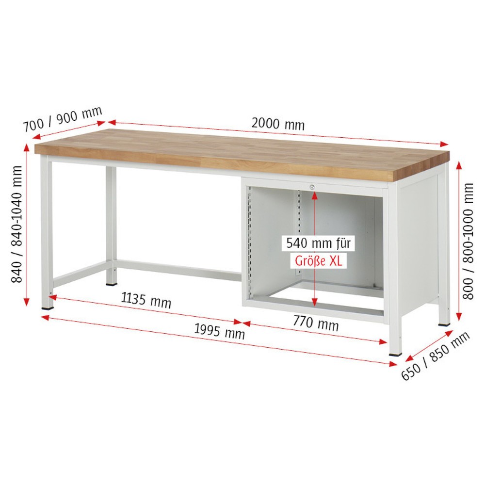 Productafbeelding nr. 5: Werkbank RAU serie 8000, hxbxd 840 x 2.000 x 900 mm, 3 x voor 90% uittrekbare lades, 1 x 120, 1 x 180, 1 x 240 mm, draagvermogen lade 75 kg