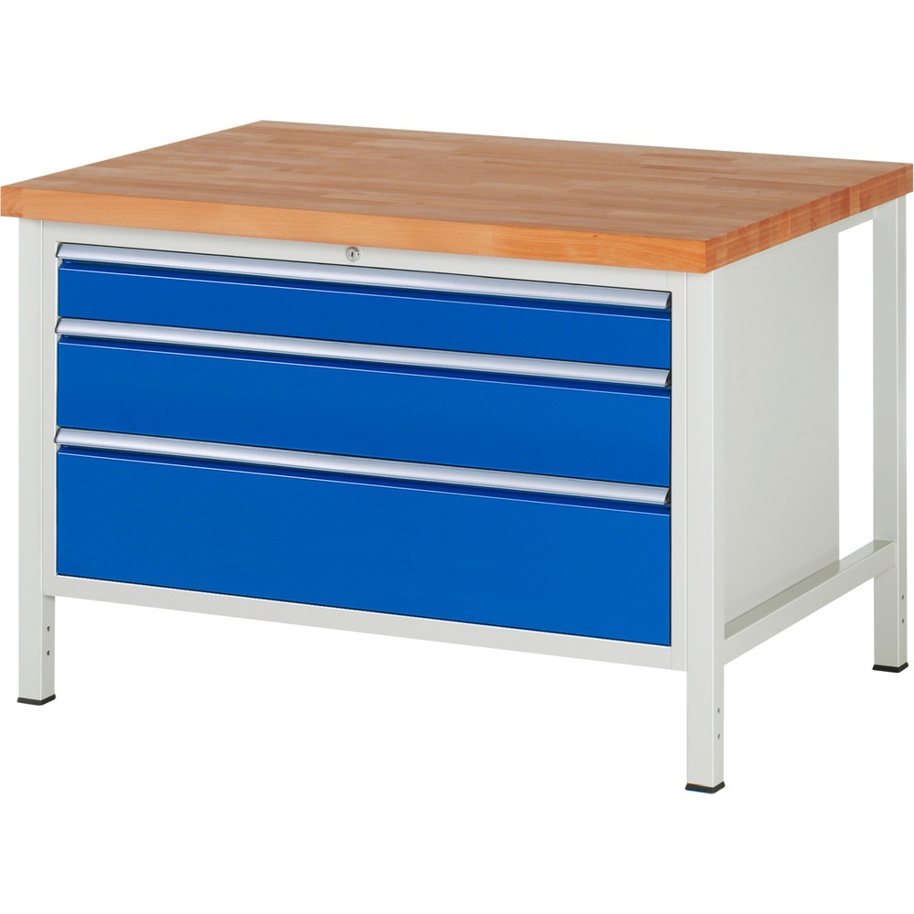 Product afbeelding: Werkbank RAU serie 8000, hxbxd 840-1.040 x 1.250 x 900 mm, 3 x voor 100% uittrekbare lades, 1 x 120, 1 x 180, 1 x 240 mm, draagvermogen lade 50 kg