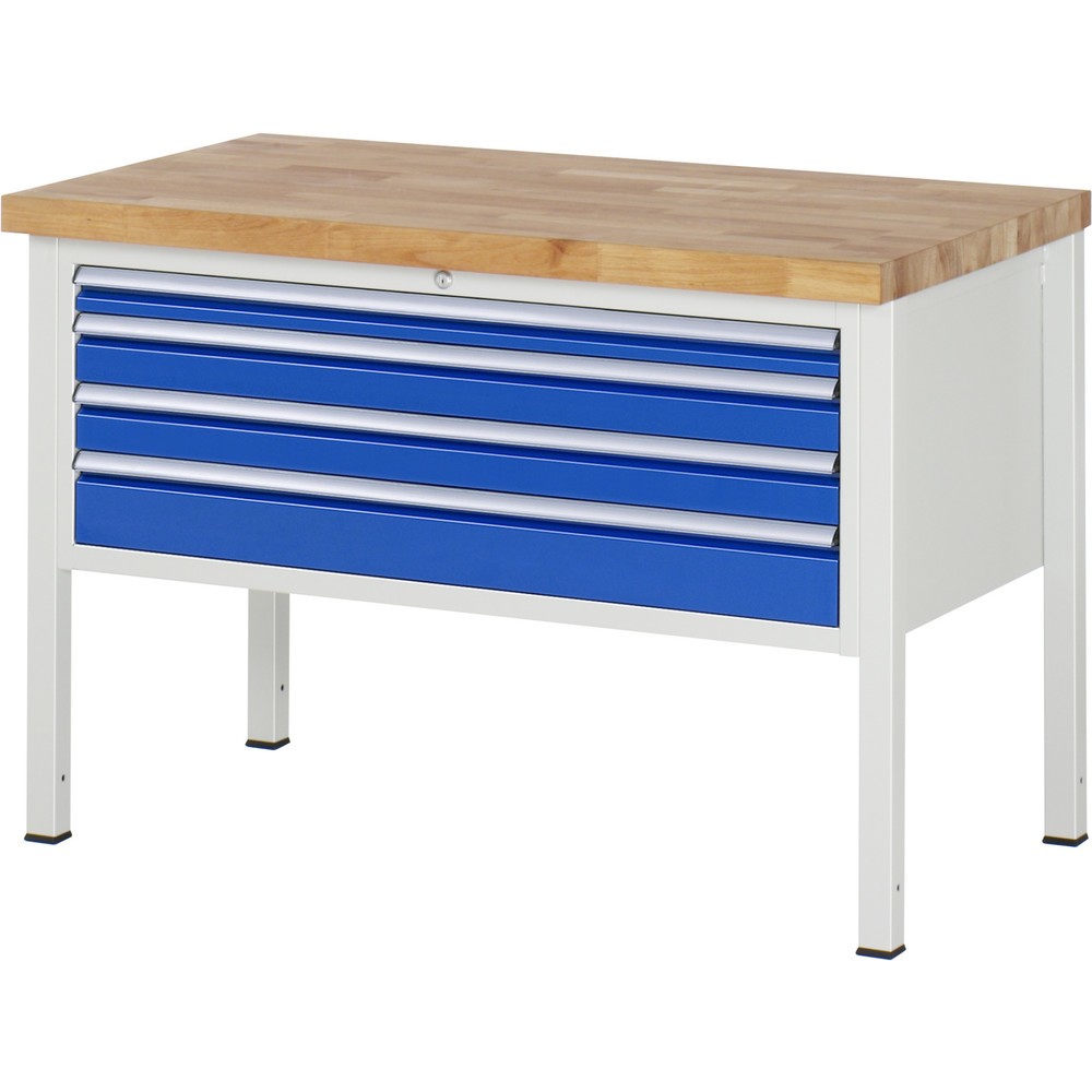 Product afbeelding: Werkbank RAU serie 8000, hxbxd 840-1.040 x 1.250 x 700 mm, 4 x voor 100% uittrekbare lades, 1 x 60, 2 x 90, 1 x 120 mm, draagvermogen lade 50 kg