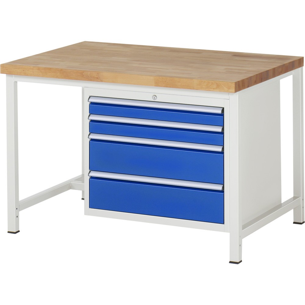 Product afbeelding: Werkbank RAU serie 8000, hxbxd 840-1.040 x 1.250 x 900 mm, 4 x voor 90% uittrekbare lades, 2 x 90, 2 x 180 mm, draagvermogen lade 75 kg