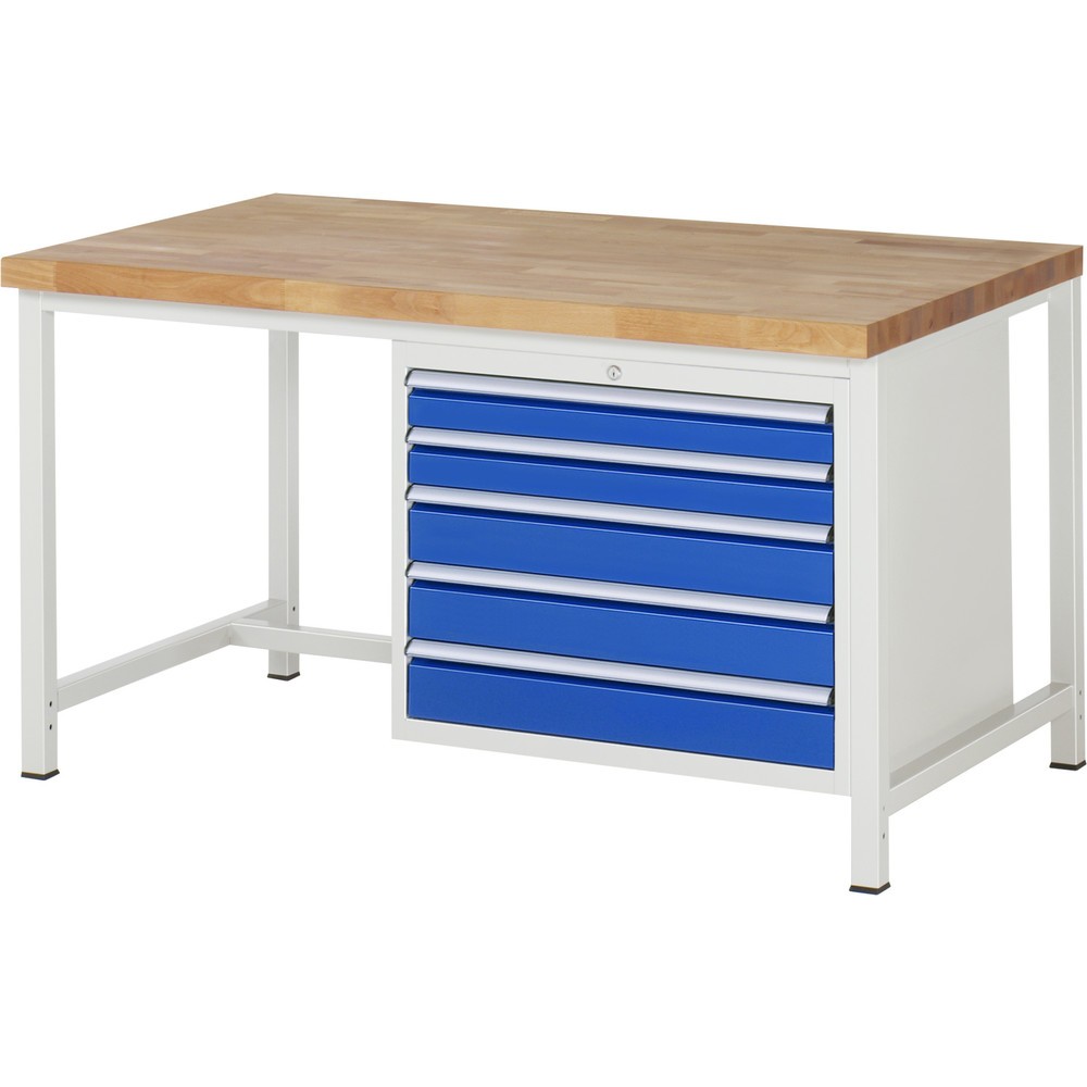Product afbeelding: Werkbank RAU serie 8000, hxbxd 840-1.040 x 1.500 x 900 mm, 5 x voor 100% uittrekbare lades, 2 x 90, 3 x 120 mm, draagvermogen lade 75 kg