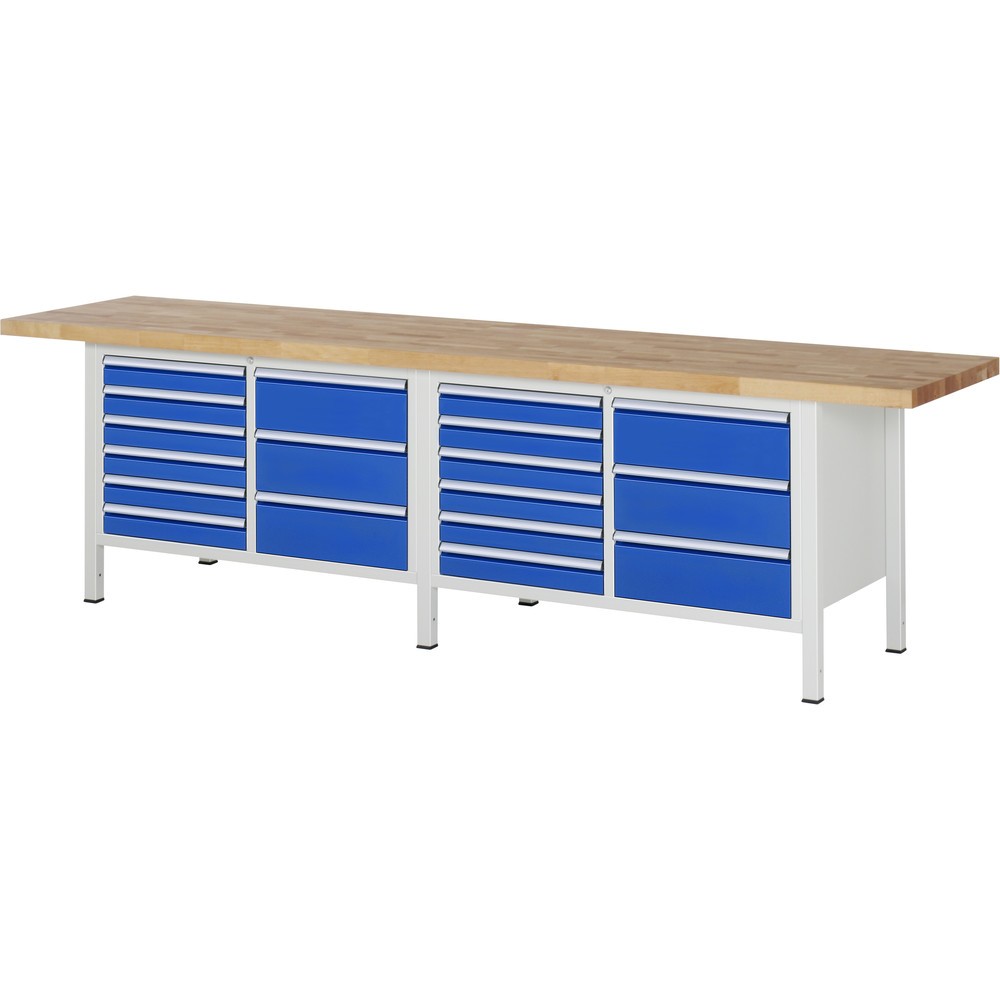 Product afbeelding: RAU werkbank serie 8000, h x b x d 840-1.040 x 3.000 x 700 mm, 2 dubbele onderbouwkasten, met telkens 9 lades