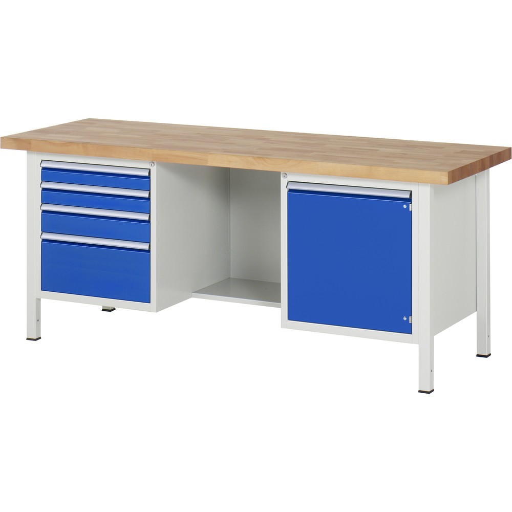 Product afbeelding: RAU werkbank serie 8000, h x b x d 840-1.040 x 2.000 x 700 mm, 2 onderbouwkasten, met 4 lades en 1 openslaande deur