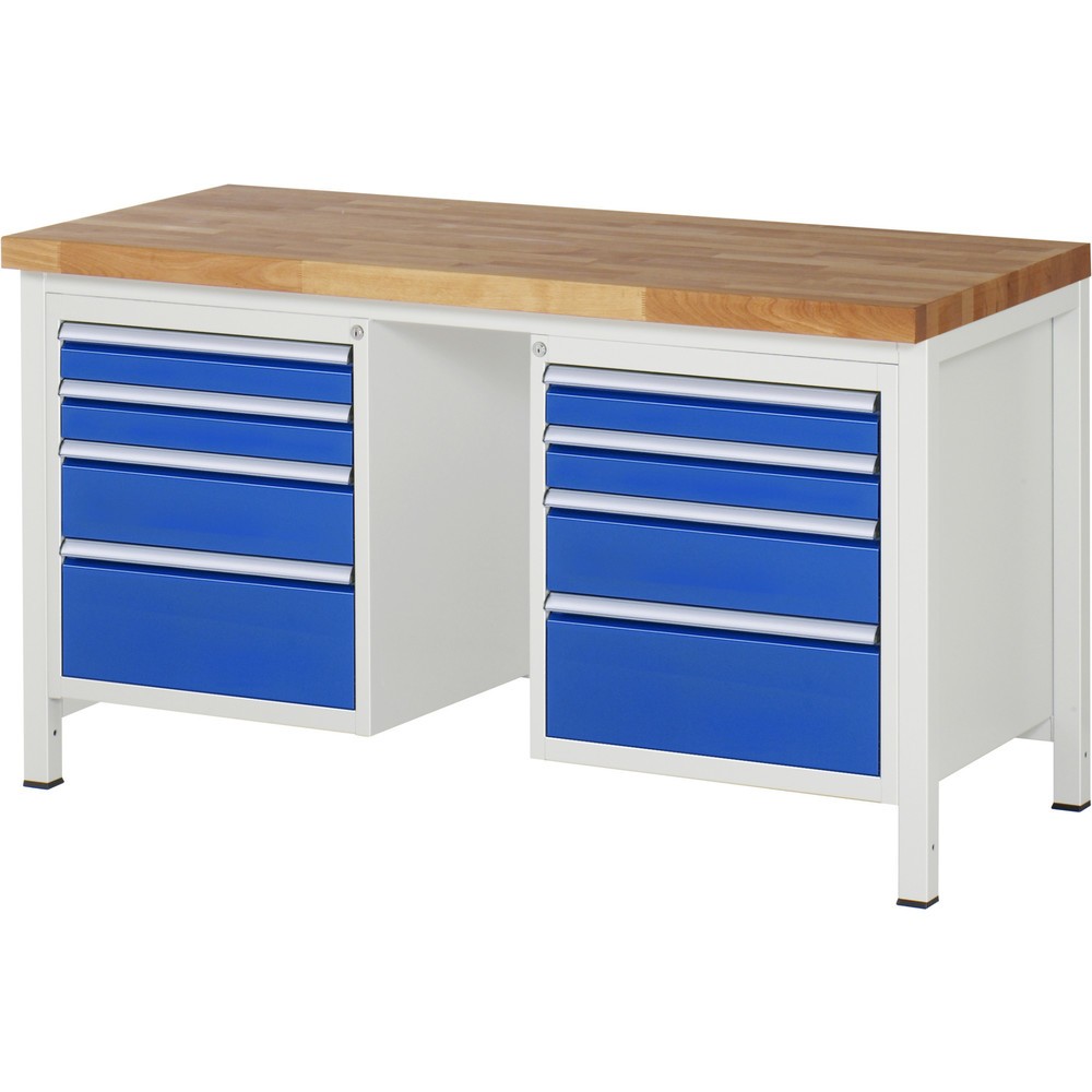 Product afbeelding: Werkbank RAU serie 8000, 2 kasten, hxbxd 840-1.040 x 1.500 x 700 mm, 8 x voor 100% uittrekbare lades 4 x 90, 2 x 150, 2 x 210 mm
