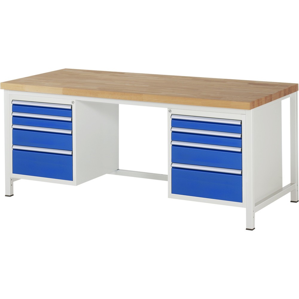 Product afbeelding: Werkbank RAU serie 8000, 2 kasten, hxbxd 840-1.040 x 2.000 x 900 mm, 8 x voor 100% uittrekbare lades 4 x 90, 2 x 150, 2 x 210 mm