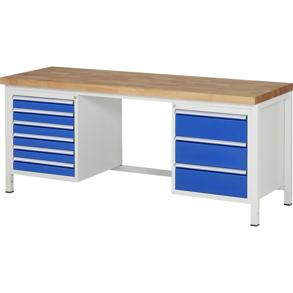 Product afbeelding: Werkbank RAU serie 8000, 2 kasten, hxbxd 840-1.040 x 2.000 x 700 mm, 9 x voor 90% uittrekbare lades