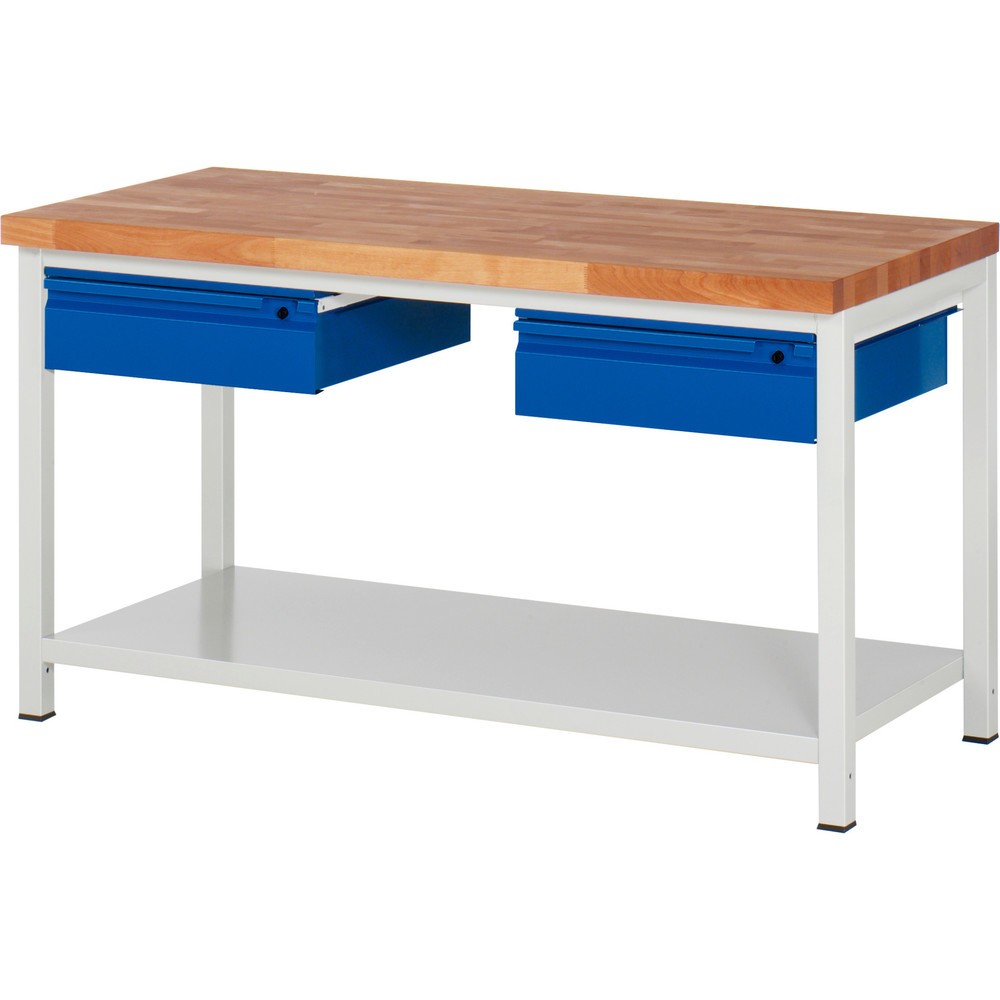 Product afbeelding: Werkbank RAU serie 8000, massief beuken werkblad, dikte 40 mm, hxbxd 840 x 1.500 x 700 mm, 2 lades, 1 legbord diepte 650 mm