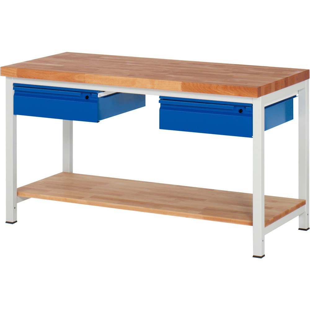 Product afbeelding: Werkbank RAU serie 8000, massief beuken werkblad, dikte 40 mm, hxbxd 840 x 1.500 x 700 mm, 2 lades, 1 legbord diepte 557 mm