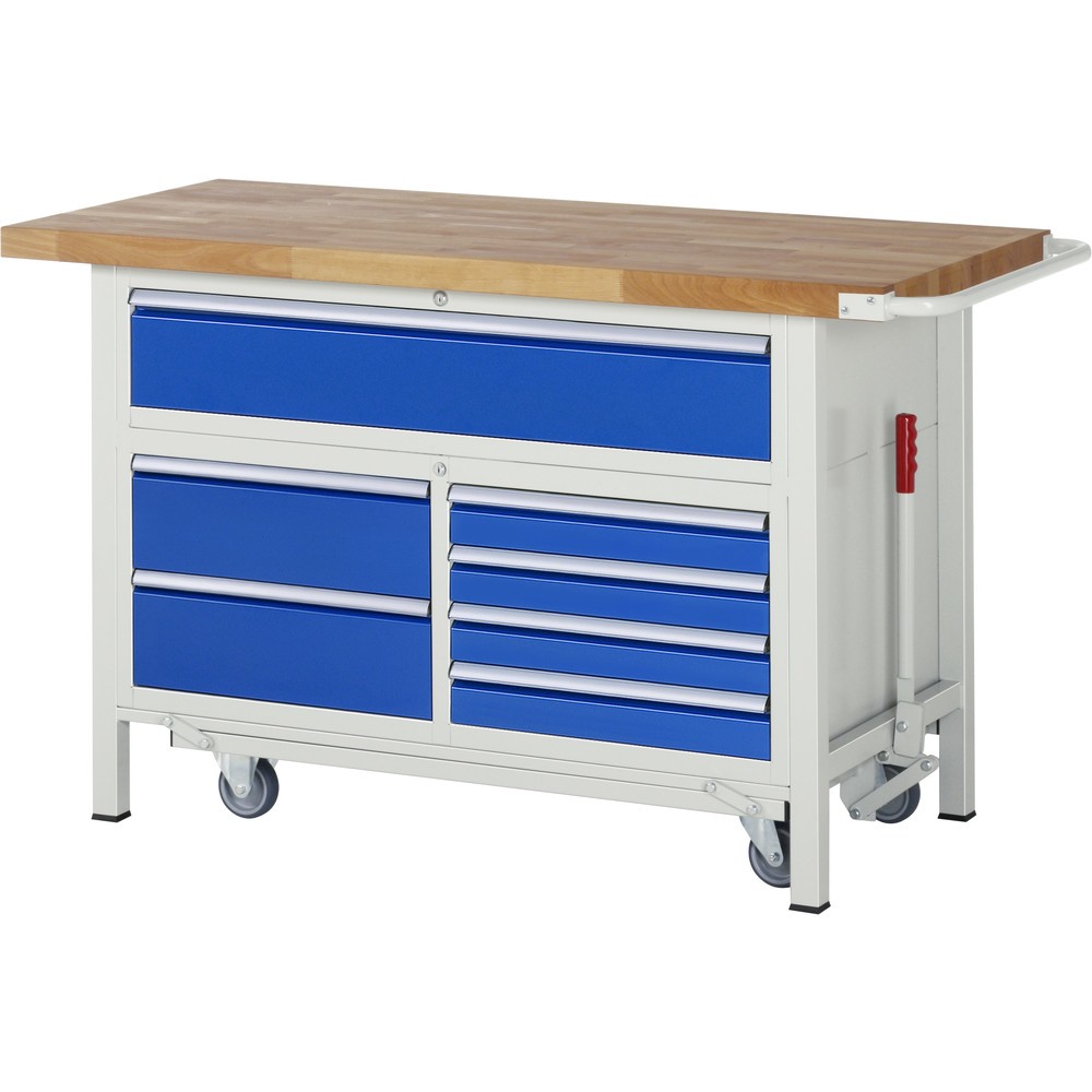 Product afbeelding: Werkbank RAU serie 8000 met neerlaatbaar onderstel, 1 driedubbele kast, hxbxd 920 x 1.500 x 700 mm, 7 lades