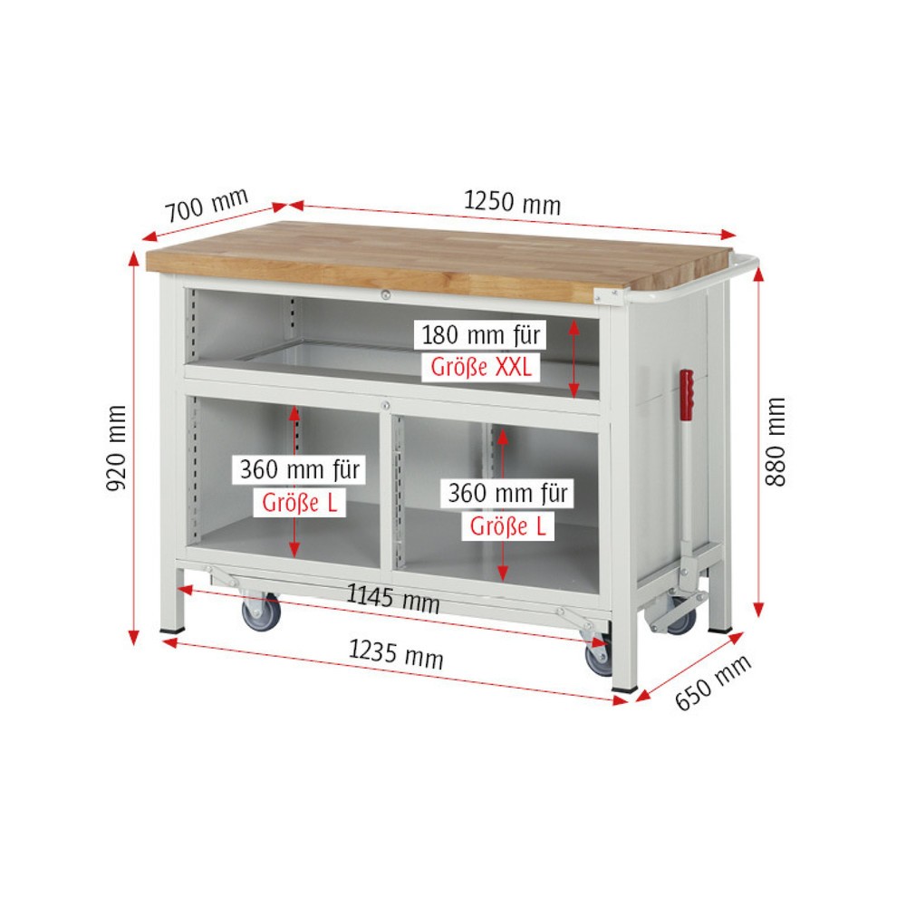Productafbeelding nr. 10: Werkbank RAU serie 8000 met neerlaatbaar onderstel, 1 driedubbele kast, hxbxd 920 x 1.250 x 700 mm, 5 lades, 1 draaideur