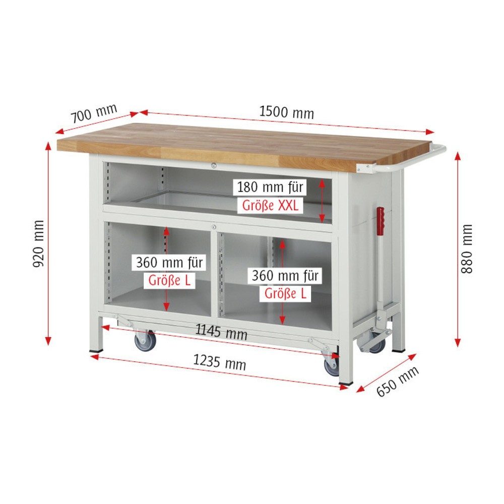 Productafbeelding nr. 10: Werkbank RAU serie 8000 met neerlaatbaar onderstel, 1 driedubbele kast, hxbxd 920 x 1.500 x 700 mm, 7 lades