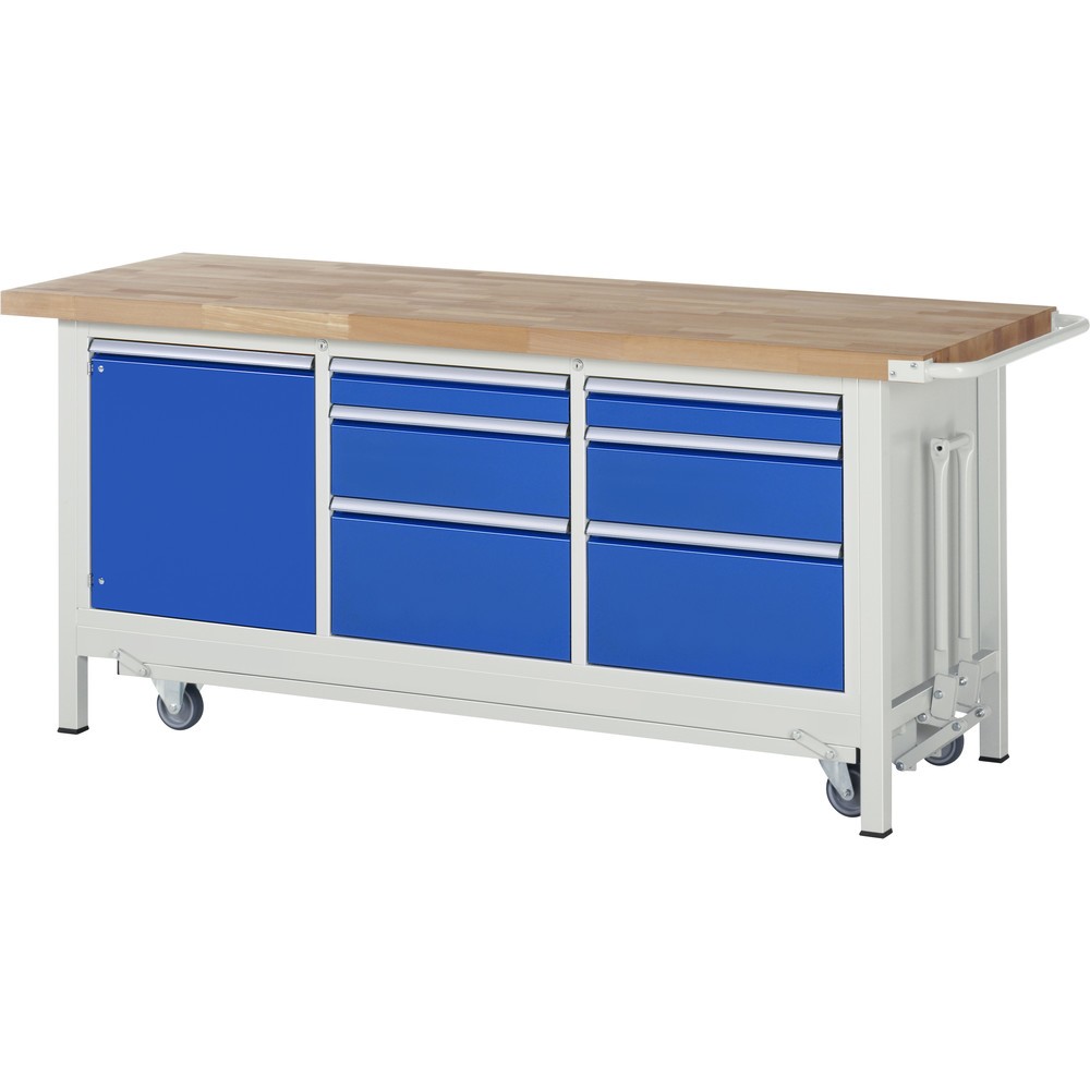 Product afbeelding: RAU werkbank met dolly serie 8000, h x b x d 880 x 2.000 x 700 mm, 1 driedubbele onderbouwkast, met 6 lades en 1 openslaande deur