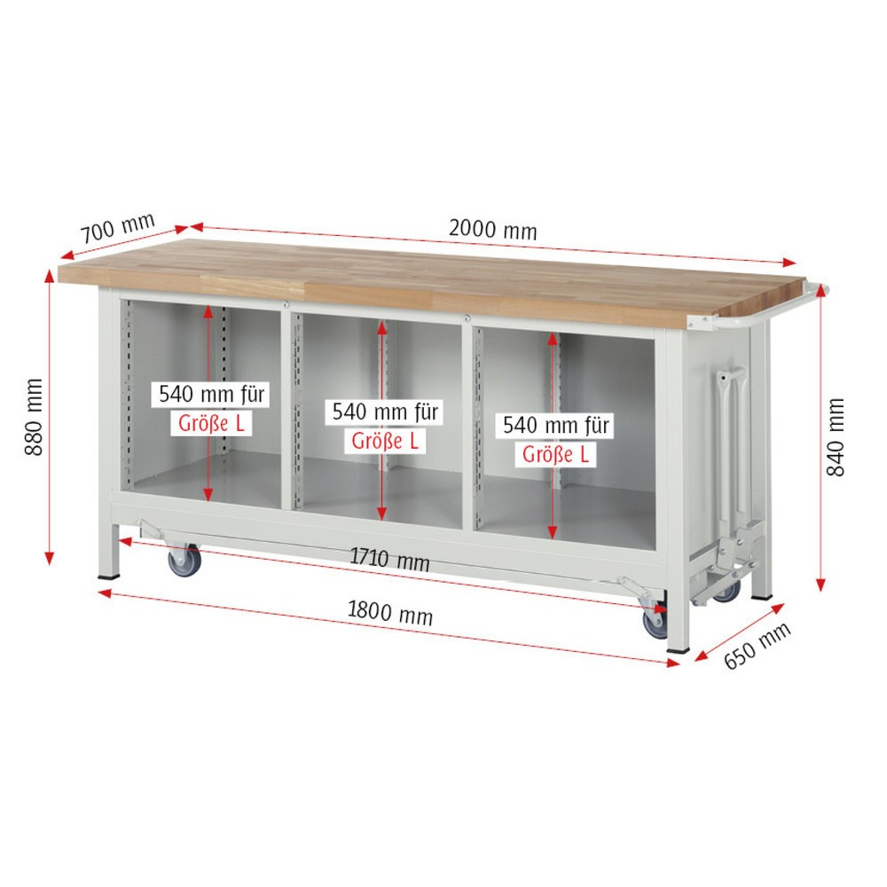 Productafbeelding nr. 10: Werkbank RAU serie 8000 met neerlaatbaar onderstel, 1 driedubbele kast, hxbxd 880 x 2.000 x 700 mm, 6 lades, 1 draaideur, 1 legbord